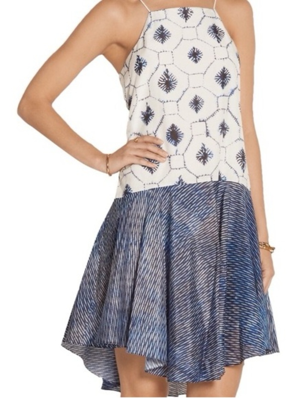 Tibi Silk Cotton Printed Halter Dress Size 4 Blue White High Low